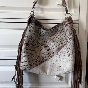 Chic Brown and White Fringed Shoulder Bag